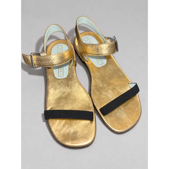 Marc Jacobs Shoes - Marc Jacobs Gold Metallic Black Strap Flat Slingback Sandals Womens EU 36 US 6